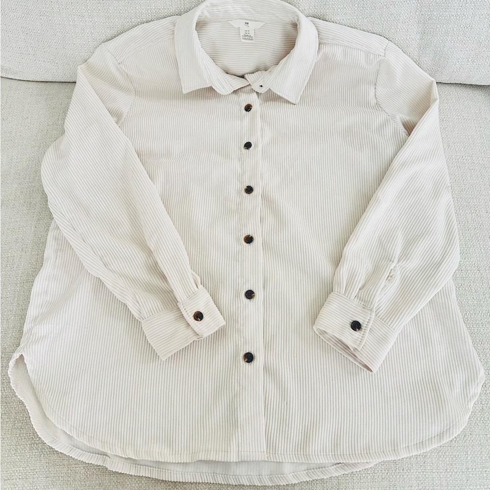 H&M Cream Corduroy Long Sleeve Botton Up Oversized Shirt Size 12